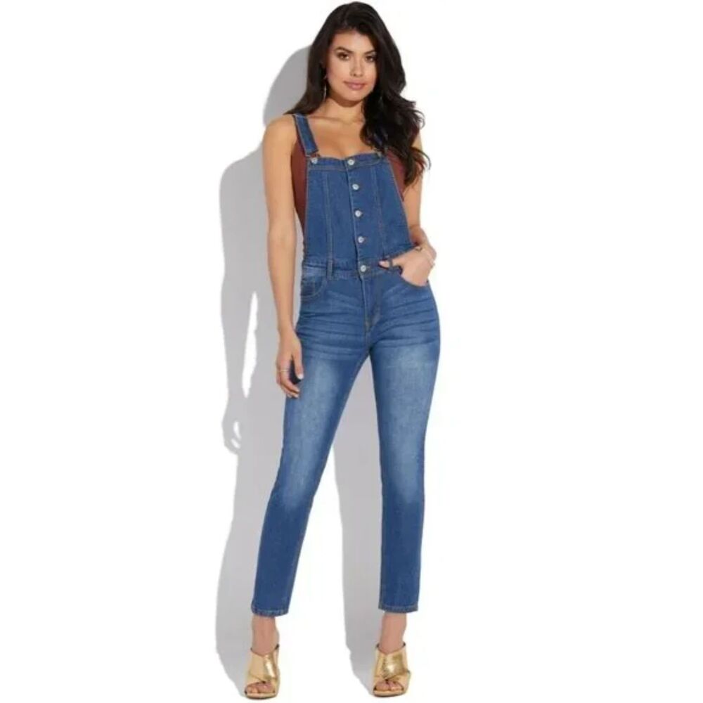 Love Tree Denim Skinny Bib Overalls Button Front Junior Women's Large 31 x 29.5